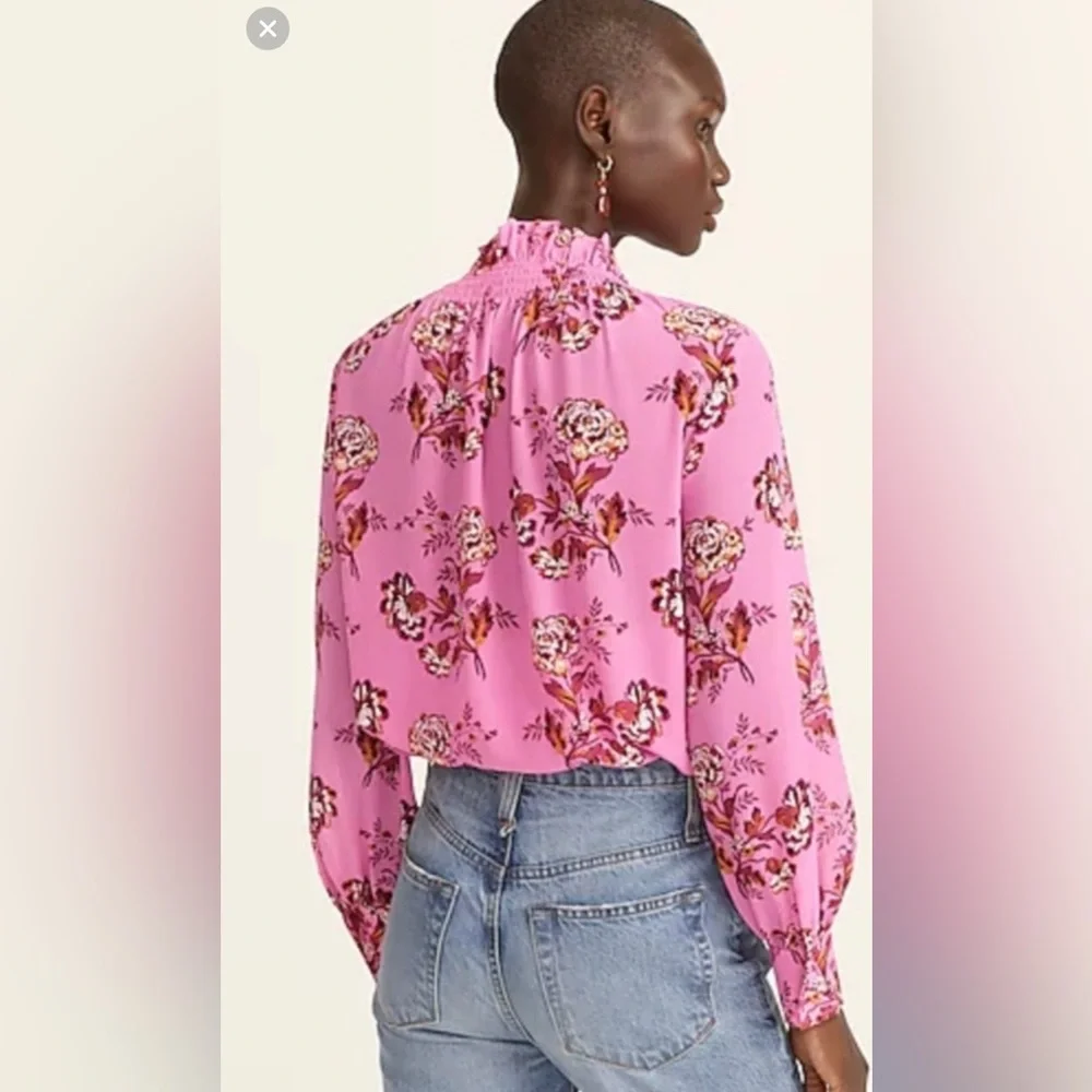 J Crew pink floral sheer drapey tie neck ruffle blouse top S